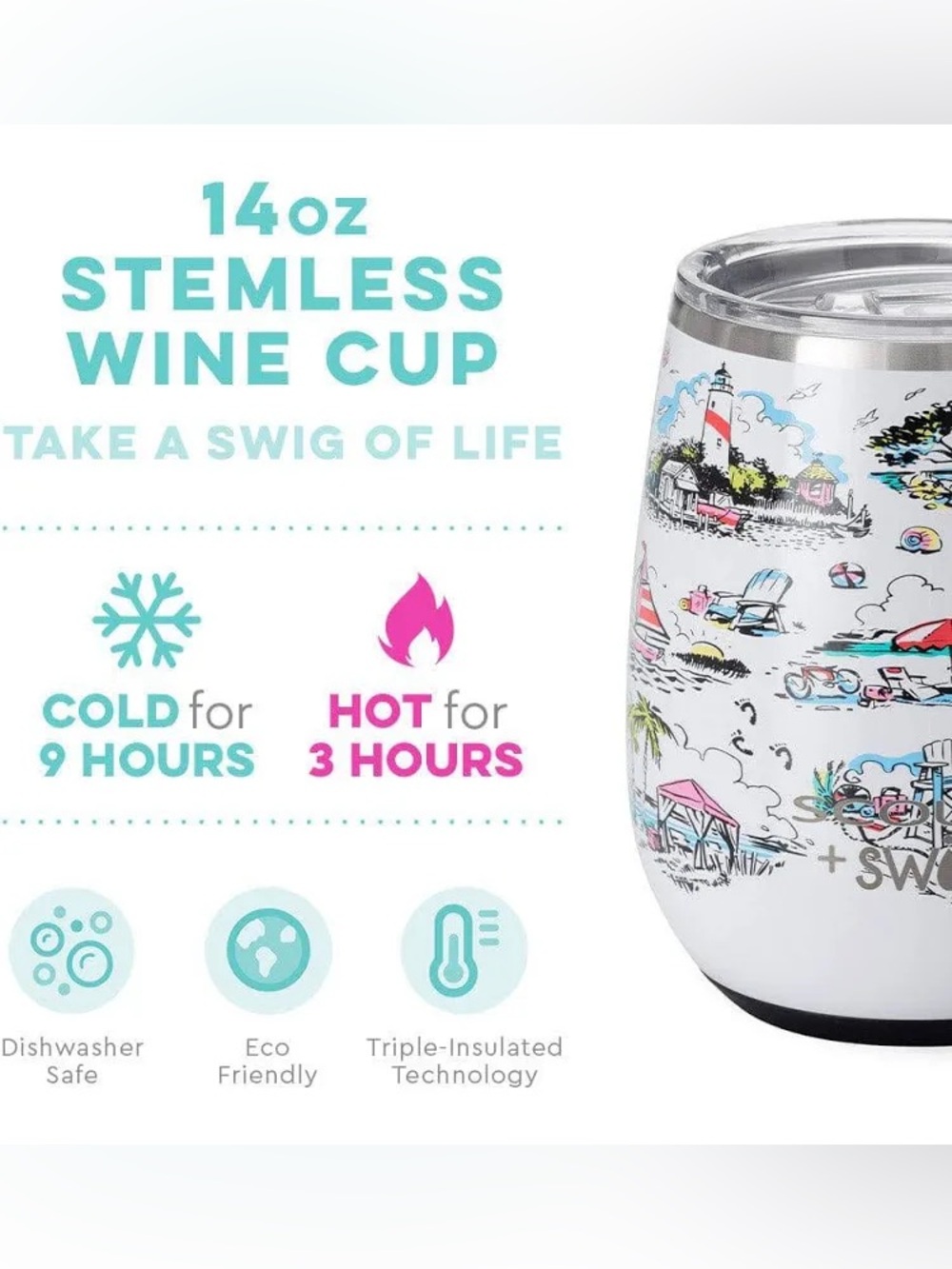 14oz White Coastal Print Stemless Wine Cup - Take a Swig of Life